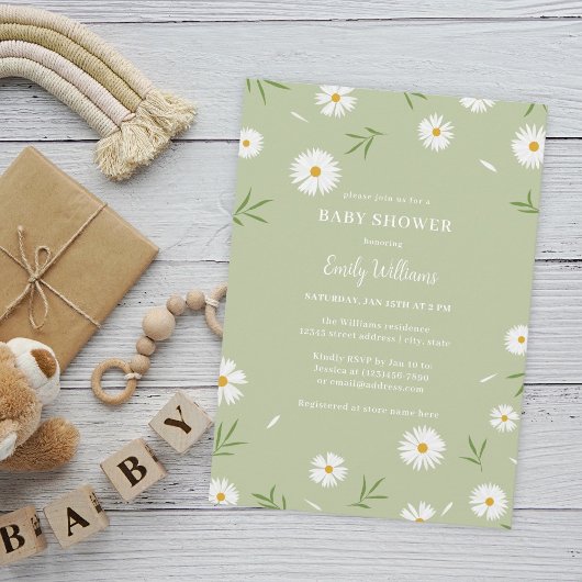 Invitation Simples marguerites blanches Baby shower verdoyant