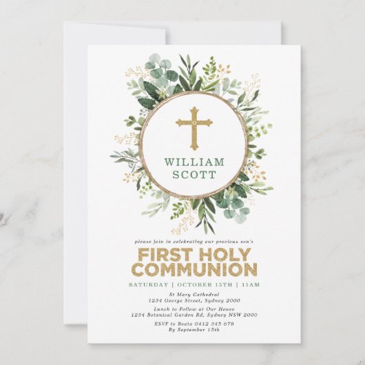 Invitation Simples verdure Or Feuilles Première Communion sai (Devant)