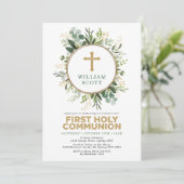 Invitation Simples verdure Or Feuilles Première Communion sai (Debout devant)