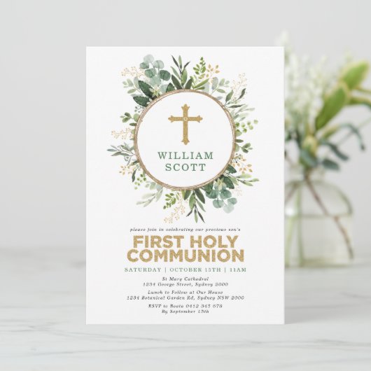 Invitation Simples verdure Or Feuilles Première Communion sai (Debout devant)