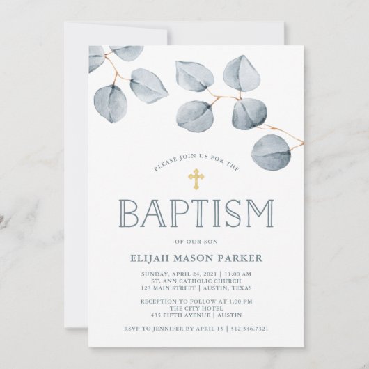 Invitation Simplicité de l'eucalyptus | Baptême avec croix (Devant)