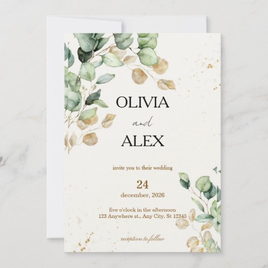Invitation Simplicité de l'eucalyptus, verdure et or, mariage (Devant)