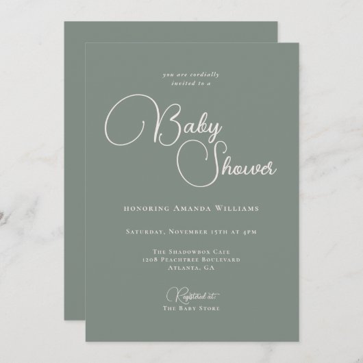 Invitation Simplicité moderne Baby shower vert profond (Devant / Derrière)