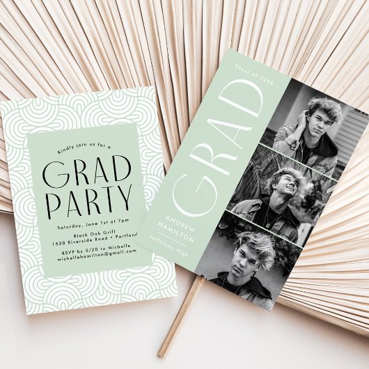 Invitation Simplicité moderne Mint 3 Photo Graduation Party