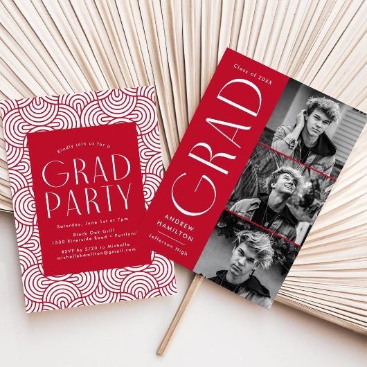 Invitation Simplicité moderne Red 3 Photo Graduation Party