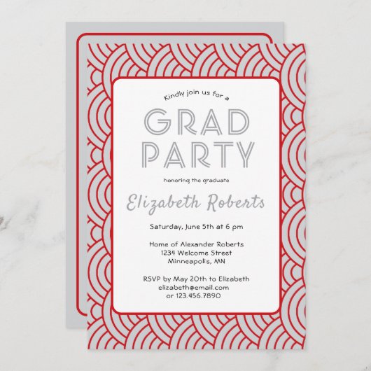 Invitation Simplicité moderne Red & Silver Graduation Party (Devant / Derrière)