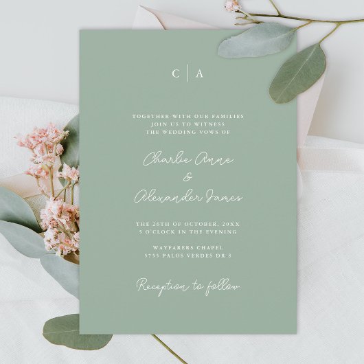 Invitation Simplicité | Monogramme minimaliste Sage vert