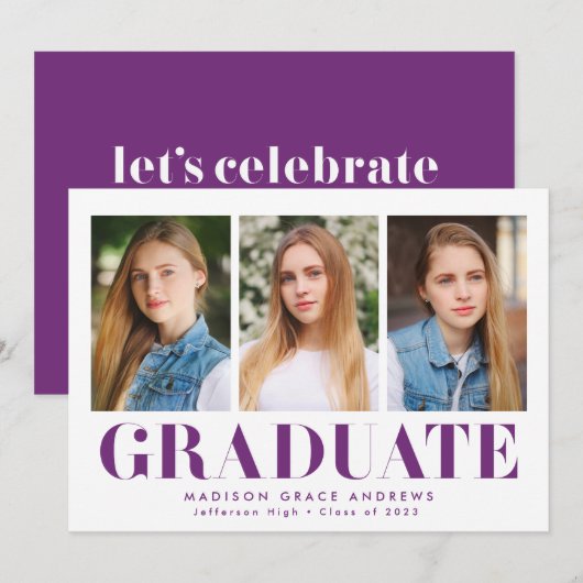 Invitation Simply Bold Purple 3 Photo Graduation Party (Devant / Derrière)