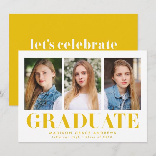 Invitation Simply Bold Yellow 3 Photo Graduation Party (Devant / Derrière)