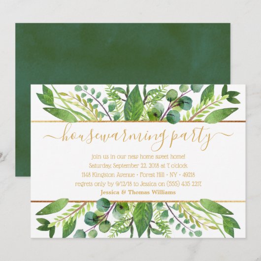 Invitation Simply Chic Green & Gold House Party (Devant / Derrière)