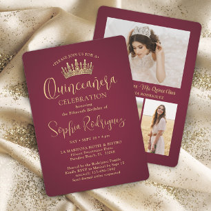 Invitation Simply Elegant Quinceañera 3 Photo Bourgogne