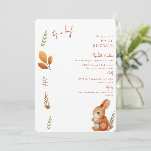 Invitation Simply mignon Boho Bunny C'est un Baby shower garç (Debout devant)