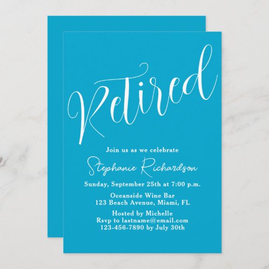 Invitation Simply Modern Écriture Aqua Bleu Retraite (Devant / Derrière)