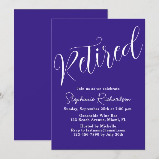 Invitation Simply Modern Script Dark Purple Retirement (Devant / Derrière)