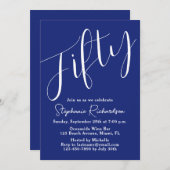 Invitation Simply Modern Script Marine Blue 50th Birthday (Devant / Derrière)