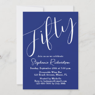 Invitation Simply Modern Script Marine Blue 50th Birthday