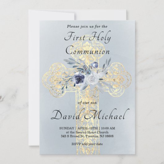 Invitation simulé feuille d'or Sainte Croix Première communio (Devant)