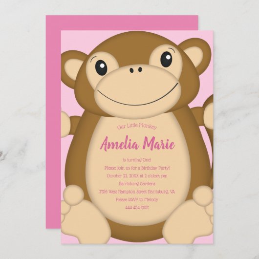 Invitation Singe Anniversaire Pink (Devant / Derrière)