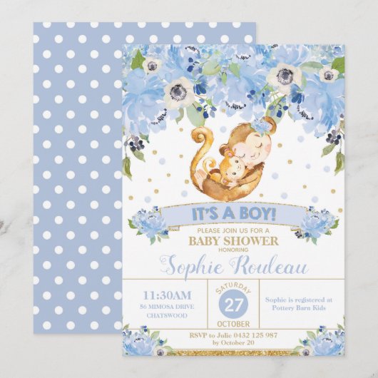Invitation Singe maman et Baby shower singe bébé Baby Boy (Devant / Derrière)