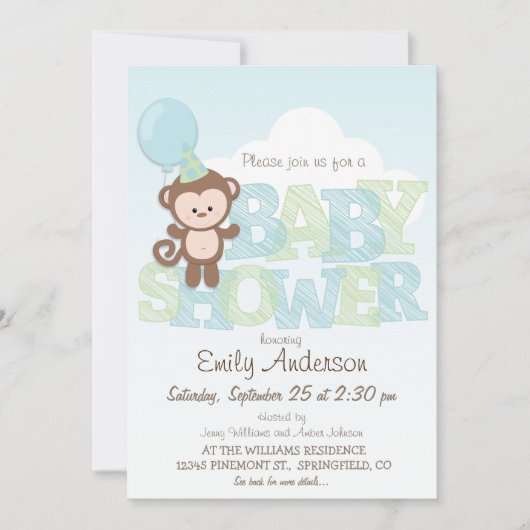 Invitation Singe mignon ; Baby shower bleu et vert (Devant)