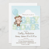 Invitation Singe mignon ; Baby shower bleu et vert (Devant / Derrière)