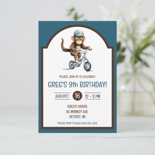 Invitation Singe mignonne à vélo fête d'anniversaire (Debout devant)