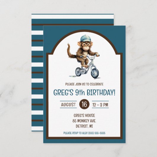 Invitation Singe mignonne à vélo fête d'anniversaire (Devant / Derrière)