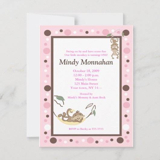 Invitation Singe rose Brown Fille tendance Anniversaire 4,25 (Devant)