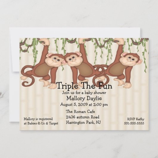 Invitation Singes de triplet de baby shower (Devant)
