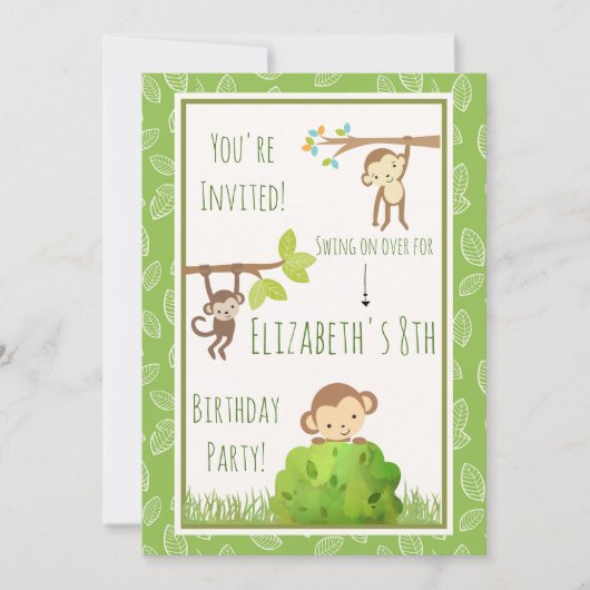 Invitation Singes se balançant des arbres Fête d'anniversaire (Devant)