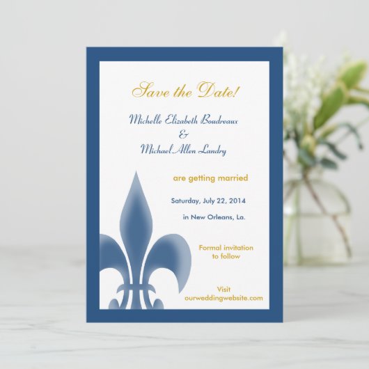 Invitation Single Fleur de Lis Save the Date (Bleu foncé) (Debout devant)