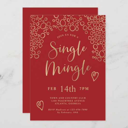 Invitation Single Mingle Valentine Party Rouge et or (Devant / Derrière)