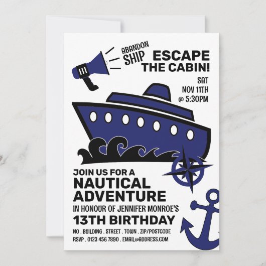 Invitation Sinking Ship Theme Escape Room, fête d'anniversair (Devant)