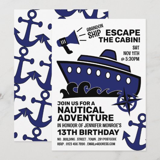 Invitation Sinking Ship Theme Escape Room, fête d'anniversair (Devant / Derrière)
