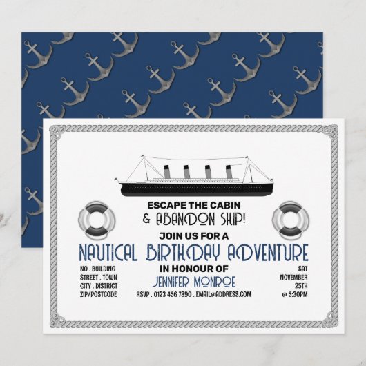 Invitation Sinking Ship Theme Escape Room, fête d'anniversair (Devant / Derrière)
