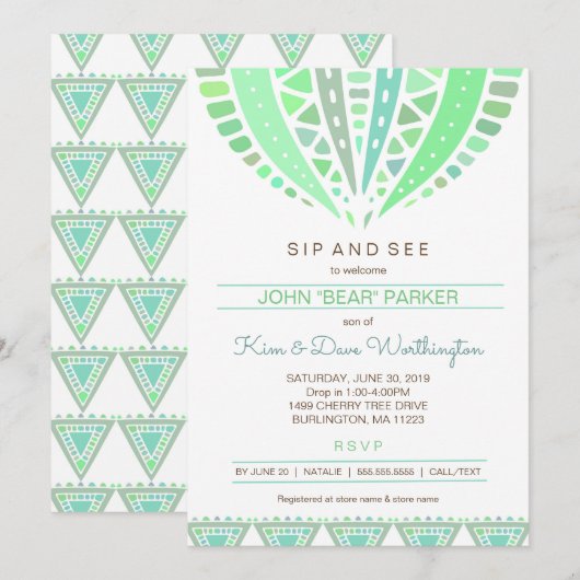 Invitation Sip and See baby shower invitation, boy mandala (Devant / Derrière)