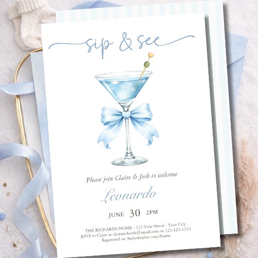Invitation Sip and See Coquette Bleu Ruban Bébé Garçon