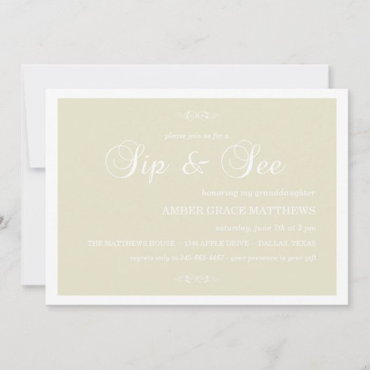 Invitation Sip And See Damassé Crème & Blanc (Devant)