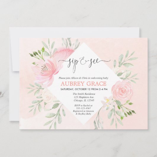 Invitation Sip and See girl baby shower Floral rose vif (Devant)