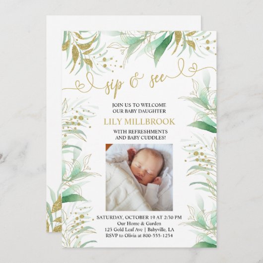 Invitation Sip and See Greenery Green and Gold Elegant (Devant / Derrière)
