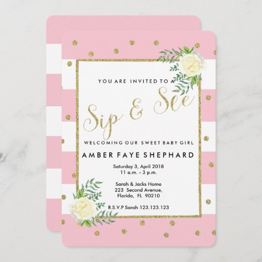 Invitation Sip and See invitation, nouveau bébé, fête d'accue (Devant / Derrière)