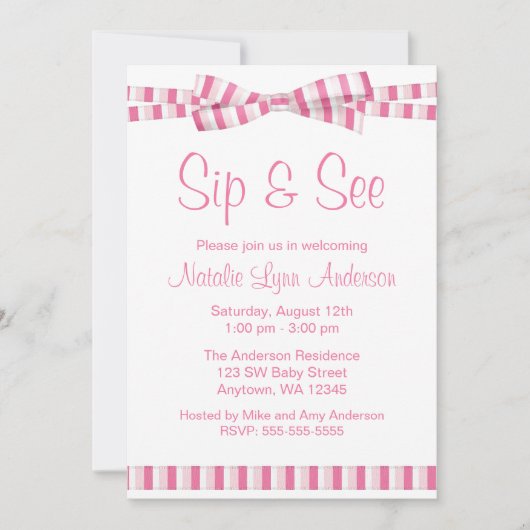 Invitation Sip and See Pink Stripe Ribbon Bow (Devant)