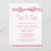 Invitation Sip and See Pink Stripe Ribbon Bow (Devant / Derrière)