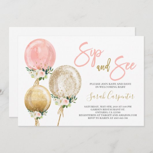 Invitation Sip and See rose ballons baby shower fille Invitat (Devant / Derrière)