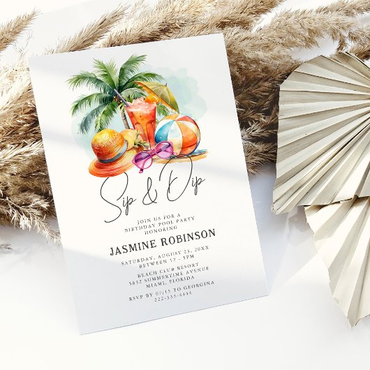 Invitation Sip & Dip Adulte Anniversaire Pool Party