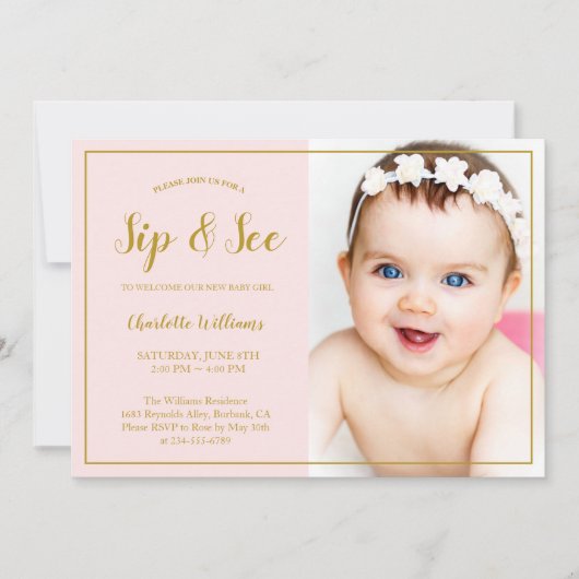 Invitation Sip et voir Baby shower rose or Parties scintillan (Devant)