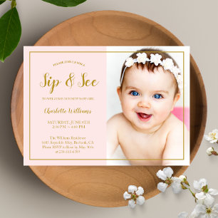 Invitation Sip et voir Baby shower rose or Parties scintillan