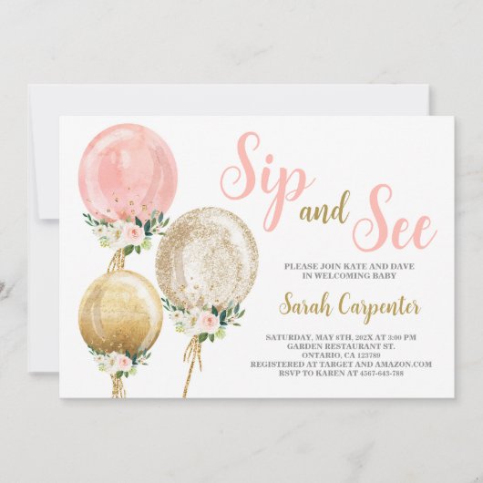 Invitation Sip et voir ballons roses fille baby shower (Devant)