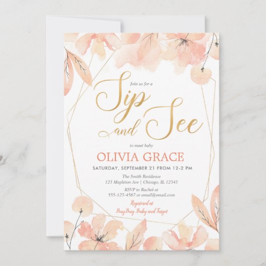 Invitation Sip et voir bébé fille, blush rose or élégant (Devant)