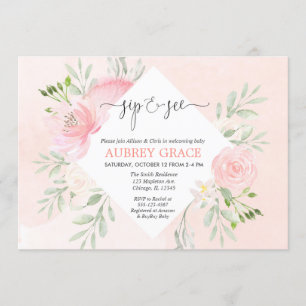 Invitation Sip et voir fille baby shower Floral rose roux